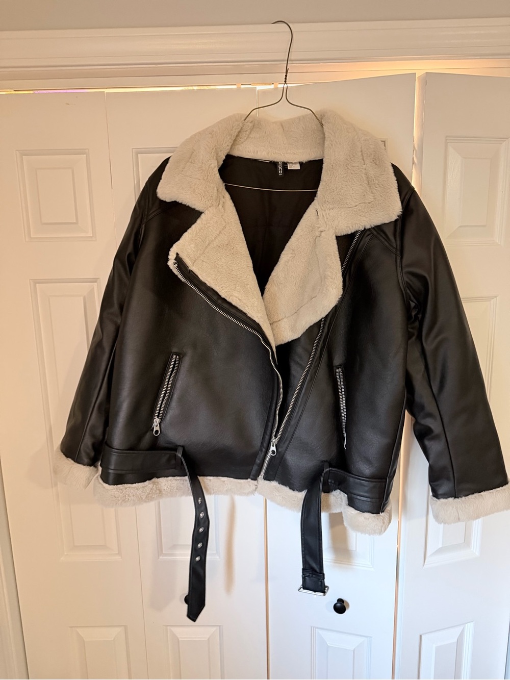 H&M Black Faux Leather Biker Jacket with Cream Shearling